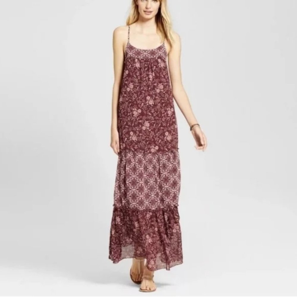 Boho Tiered Floral Maxi Dress in Burgundy